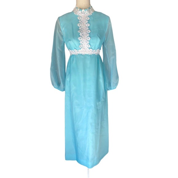 Blue 60s Formal Long Maxi Dress Embroidered Pastel Blue Mod Small High Neck FLAW - Picture 1 of 8